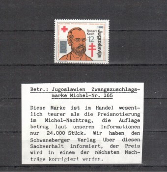 Jugoslawien Michelnummer Zwangszuschlag 165 postfrisch