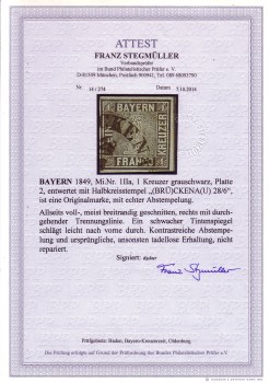 Bayern Michelnummer 1 II a gestempelt Fotoattest Stegmueller Bayern Michelnummer 1 II a gestempelt Fotoattest Stegmueller